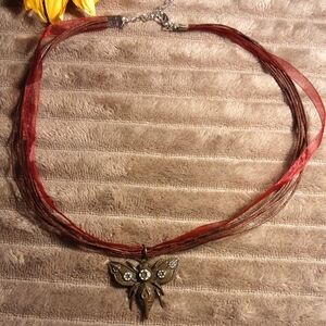 Handmade Steampunk Bronze Moth Necklace On Ribbon